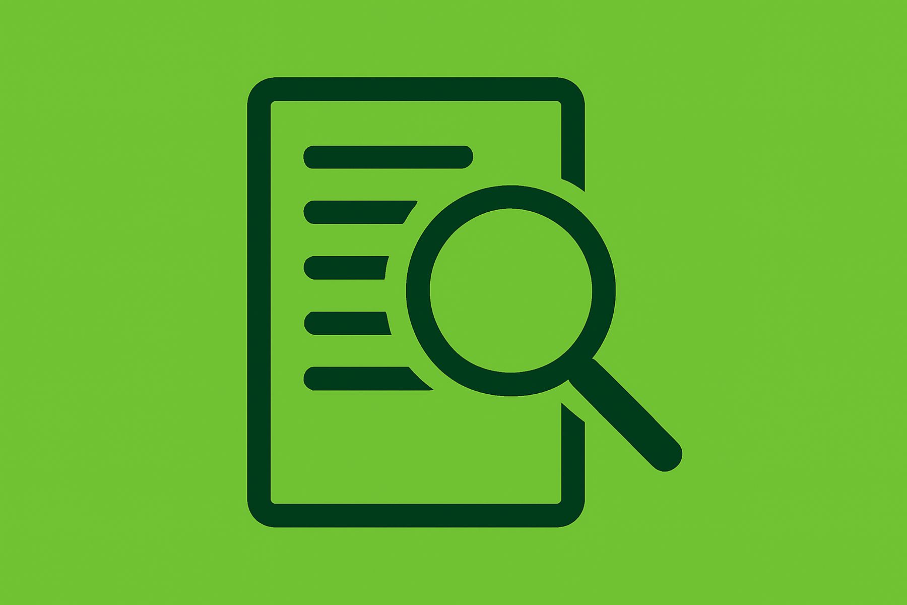 Ein schwarzes Symbol eines Dokuments mit horizontalen Linien und einer Lupe darüber, das die Überprüfung oder Suche von Dokumenten symbolisiert, auf einem grünen Hintergrund.